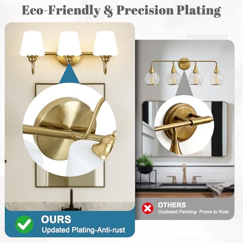 Image of LASENCHOO 3 Lights Bathroom Vanity Light Vintage Bathroom Lighting Fixtures Over Mirror, Brass Wall Sconce Modern Wall Lights for Bedroom Living Room Hallway with Milky Glass Shade, E12 Socket