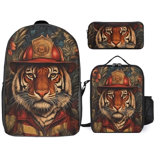 Tiger Firefighter Classic Backpack Lunch Bag Pencil Case 3 Piece Set Travel Daypack