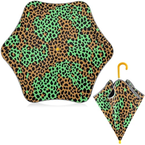 Paraguas infantil turquesa con estampado de leopardo, protección UV y tira reflectante para el colegio.