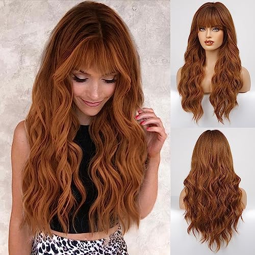 HAIRCUBE Ombre Auburn Wig with Bangs Long Curly Wig with Bangs orange wig Natural Appearance Heat-Resistant Synthetic Wig Suitable for Fashionable Women 26Inchs