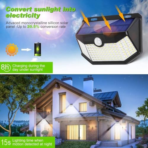 HMCITY Solar Lights Outdoor 120 LED with 3 Lighting Modes, Motion Sensor Wall Lights,IP65 Waterproof Solar Powered for Garden Patio Yard (Back Button 2Packs, Black Shell-Daylight White) by HMCITY - Image 2