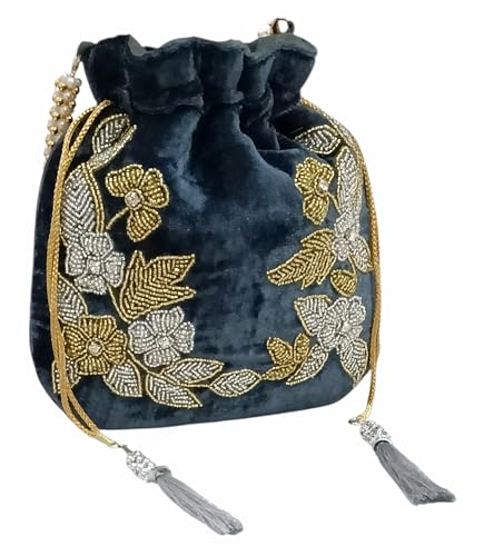 Image of Velvet Potli Bag with Golden & Silver Beaded Flower Embroidery - Handcrafted Ethnic Drawstring Bag for Weddings, Parties & Festive Gifts - Beaded Handle & Tassels for Women