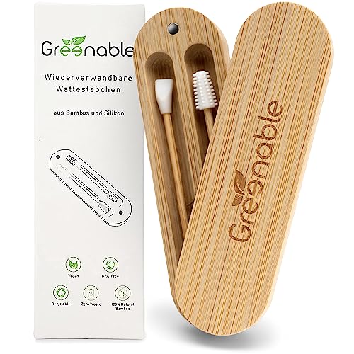 Greenable ® Wattestäbchen aus Bambus und Silikon [2er Set] – Wiederverwendbare, nachhaltige Ohrenstäbchen – Beauty Make-Up Entferner inklusive Aufbewahrung – Plastikfreie Q-Tips – Vegan & BPA-Frei