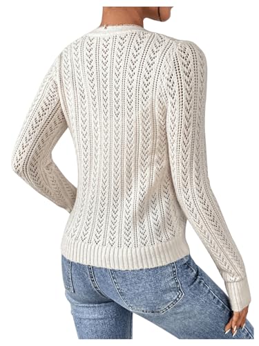 SHENHE Women's Pointelle Sweater Cardigan Crochet Hollow Out Eyelet Button Up Cropped Cardigan2