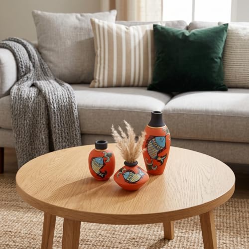 Image of Aakriti Art Creations Happy Fishes Vases Set of 3 in Orange | Hand-Painted Madhubani Art Terracotta Flower Vases | Matte Finish Decorative Vases for Living Room, Table Decor & Gifting