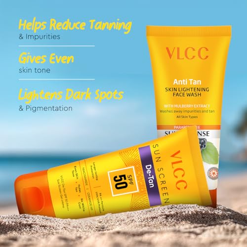 Image of VLCC Tan-to-Tango Combo - Anti-Tan Skin Lightening Face Wash 50 g + De-Tan SPF 50 PA+++ Sunscreen Gel Creme 50 ml | Fades Tan, Even Skin Tone