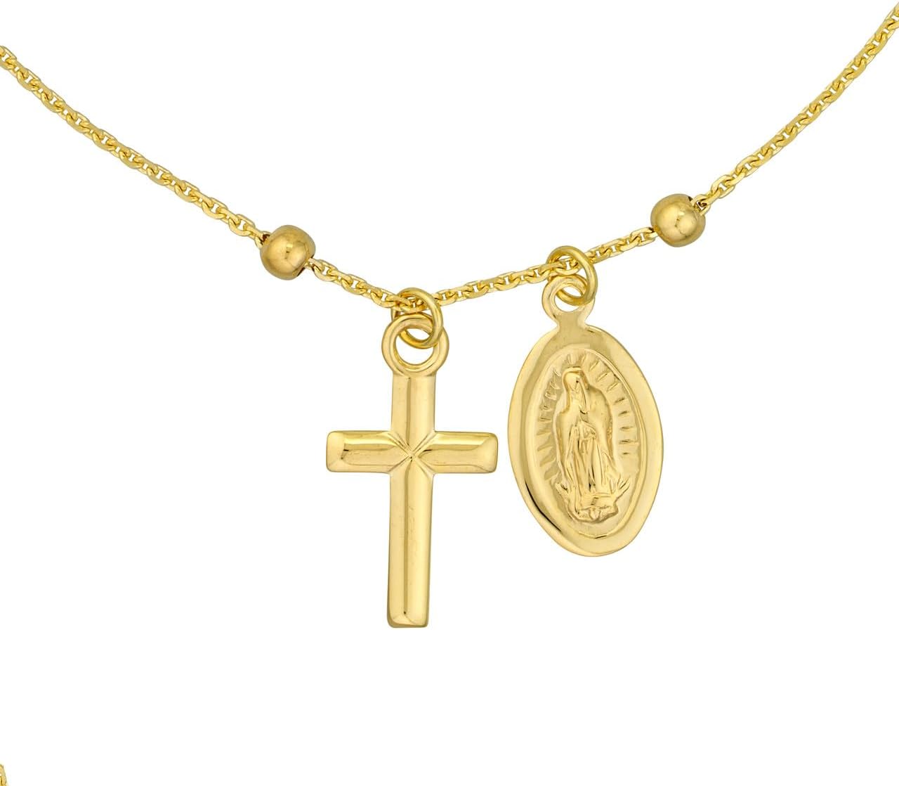 JEWELHEART 14K Solid Gold Bracelet For Women - Miraculous Virgin Mary Medal Cross Charm Bracelet - Minimalist Yellow Real Gold Ball Bead Chain Bracelet Adjustable From 6.25" Up To 7.25"