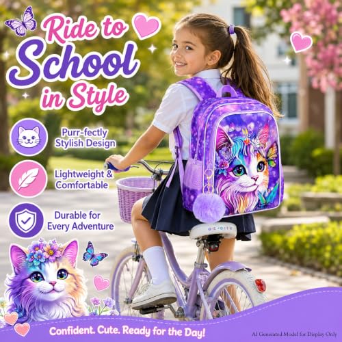 Image of 3Pcs Cat Backpack for Girls, 16 inch School Bookbag Set with Lunch Box，Kids Backpacks for Elementary Preschool Kindergarten (Purple)
