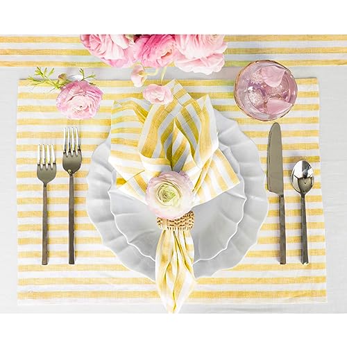 Image of Solino Home 100% Linen Napkins, 20 x 20 in, Yellow, Amalfi Stripe, Set of 4