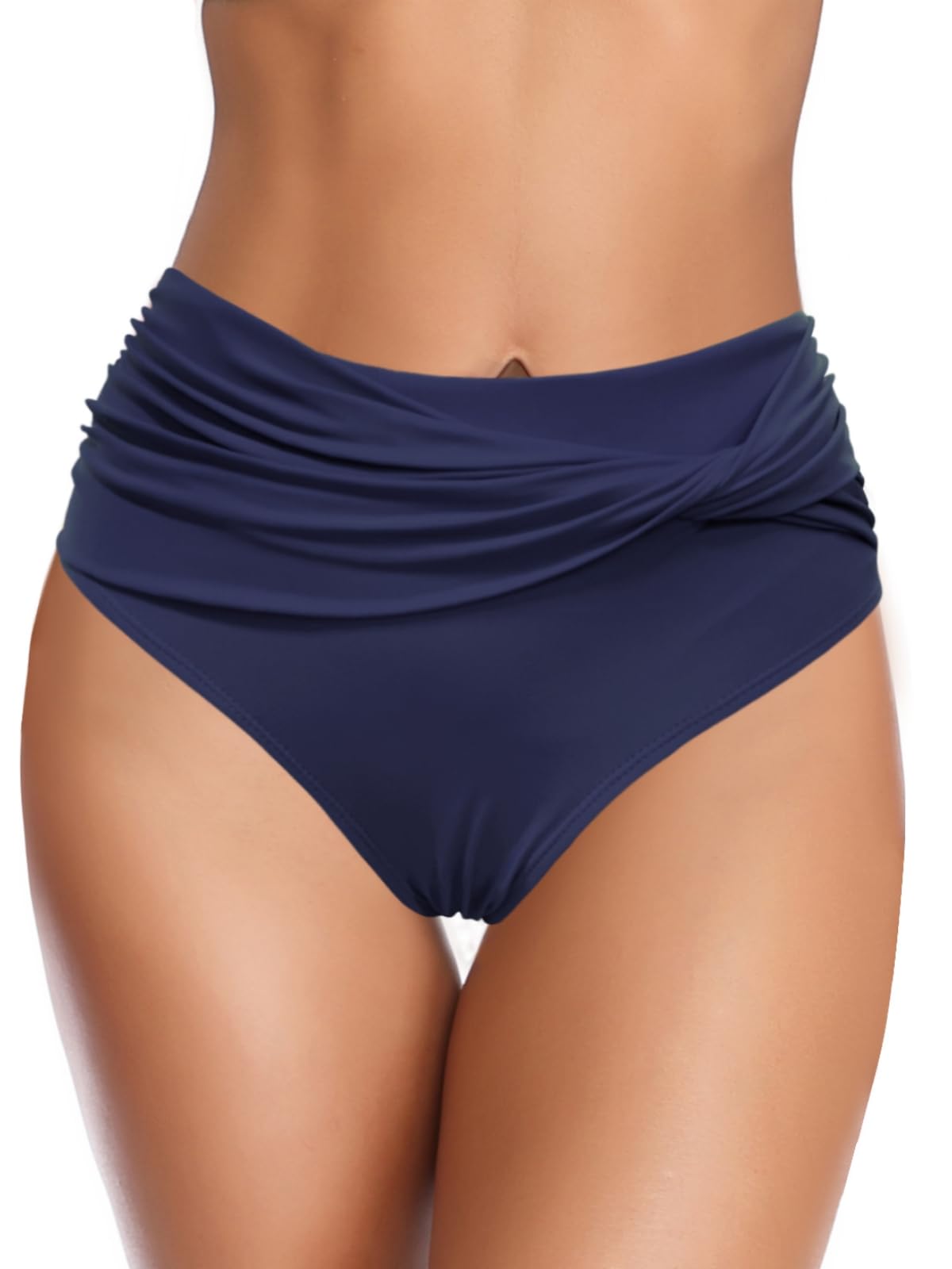 SHEKINIWomen's Twist Front Bikini Bottoms High Waist Full Coverage Swim Bottoms