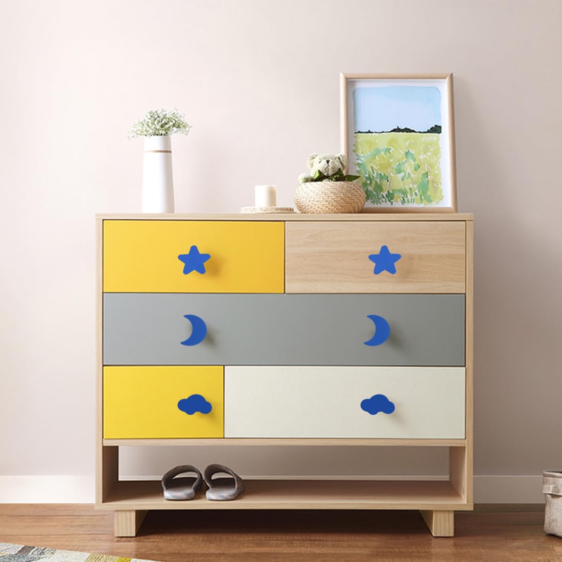 Pomelli per Mobili Bambini, 6 pezzi Pomelli per Cassetti a Forma di Nuvola, stelle, luna e nuvole pomelli per cassetti, per Cucina, Cameretta dei Bambini, Armadi, Giocattoli, Bianco, blu