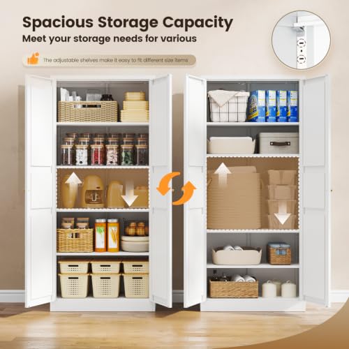 Image of Yizosh Metal Storage Cabinet - 71 inch White Kitchen Pantry with 2 Doors and 5 Adjustable Shelves, 5-Tier Tall Steel Locker for Living Room, Dining Room