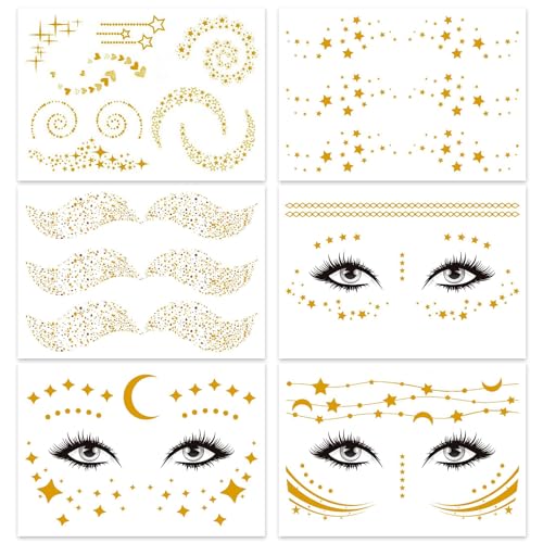 Temporäre Tattoos Gold Gesichtstattoo Karneval, Gesichtstattoo Mond Sterne Wasserdichte Metallic Flash Tätowierung, Glitzer Tattoo Gesicht Festival Gold für Fasching Kostüm Damen Mädchen Makeup