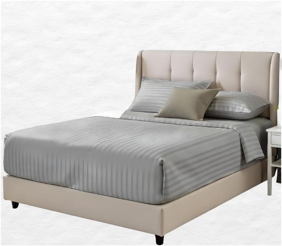 100% Cotton Fitted Sheet - 300 Thread Count, 1cm Stripe Pattern, Elastic Deep Pocket Bed Sheet, Super Soft & Breathable - 1pc Bottom Sheet Silver Grey Twin Size (39X75 Inches)