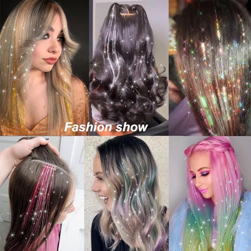 Ainitops 12Pcs Hair Tinsel Clip In Hair Extensions 19.6Inch Clip In Hair Tinsel Glitter Tinsel Hair Extensions Shiny Sparkly Fairy Hair Tinsel Kit Dazzle Hair Accessories For Women Girls Kids thumb #4