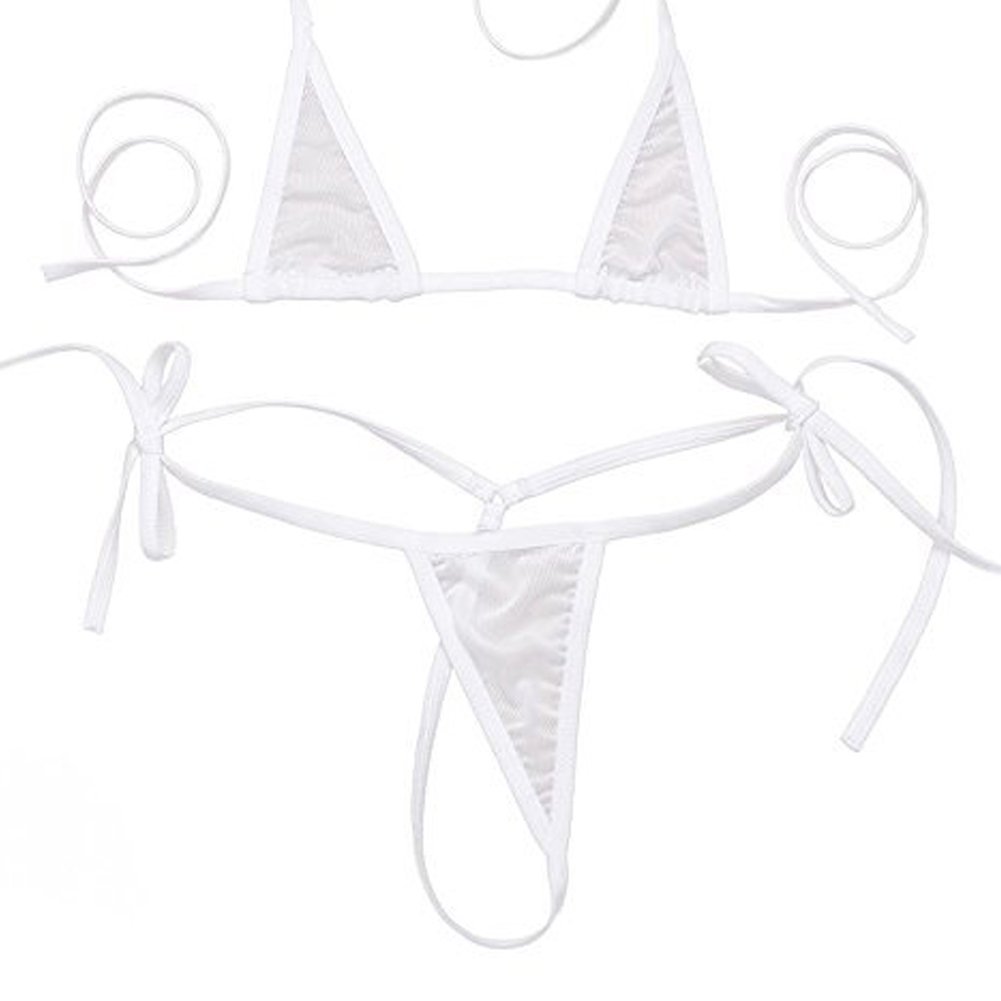 ZTie Women’s Sheer Extreme Swimsuit Bikini Halterneck Top and Tie Sides Micro Bikini Thong Sets: One Size White