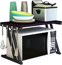 LANTUS Mensola Microonde, Supporto Per Forno A Microonde In Bambù Naturale, Mensola per microonde, Ripiano cucina Con ganci neri E porta taglieri (57 * 38 * 38cm Z-Nero)