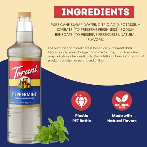 Image of Torani Peppermint Syrup 1L with Pump Mint Flavoring for Lattes & Cocktails