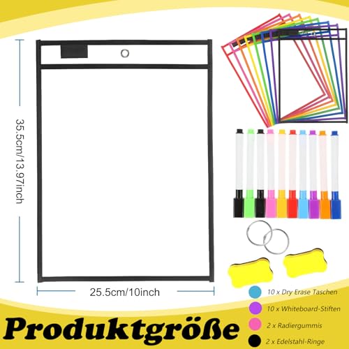 10 Stück Dry Erase Taschen, Wiederverwendbare A4 Trocken Abwischbare Taschen mit 10 Whiteboard-Stiften, 2 Radiergummis und 2 Edelstahl Ringe, Dry Erase Pockets A4 für Schule Home oder Arbeit