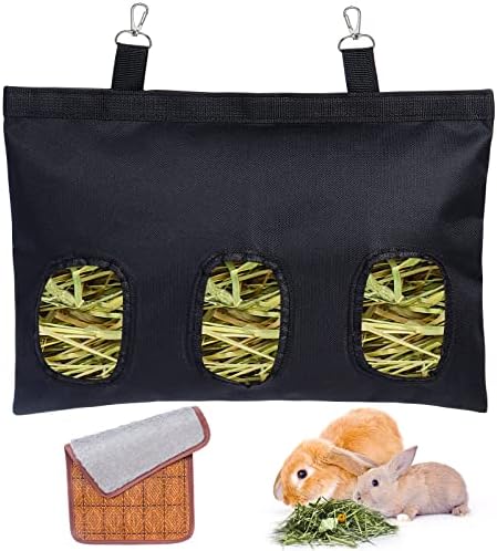 VCZONE Rabbit Hay Feeder Bag and Double-Sided Mat，3-Hole Hanging Feeder Bag for Guinea Pigs Bunnies Chinchillas, Small Animals Hay Feeder Bag with Oxford Cloth Fabric (Black)