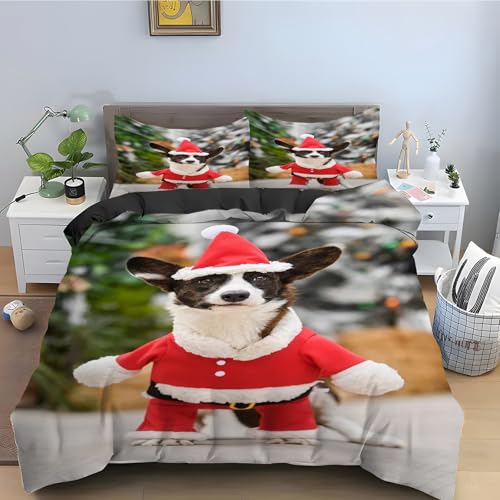 Parure de lit Corgi Noël housse de couette 160x200 3 pièces microfibre