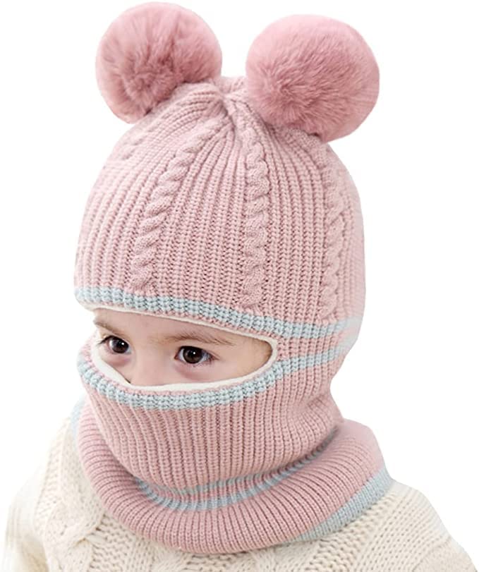 Kids Hood Scarf Children Knit Hat Winter Thick Earflap Caps for Boys and Girls