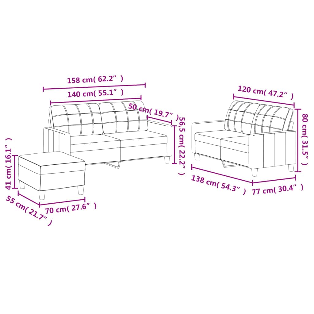 Juego de 3 sofás de piel sintética gris con 2 sofás de dos plazas, reposapiés y cojines, conjunto de tapicería estable para salón, cómodo sofá con reposabrazos y respaldo