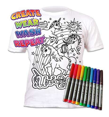 Splat Planet Colour-in Unicorn T-Shirt with 10 Non-Toxic Washable Magic Pens - Colour-in and Wash Out T-Shirt (Age 3-4) White - Image 3