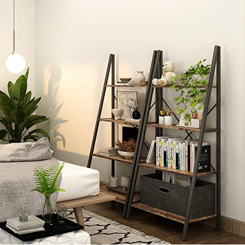 4NM Industrial 4-Tier Ladder Shelf, Metal Bookshelf Multifunctional Plant Flower Stand Storage Rack Shelves - Rustic Brown and Black