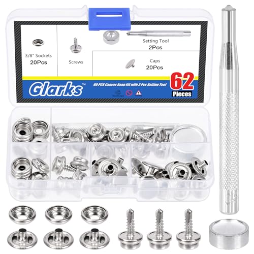 Glarks 62Pcs Canvas Snap Button Kit Stainless Steel Marine Grade Canvas and Upholstery Boat Cover Snap Button Fastener Kit with 2Pcs Setting Tool (20 sets) - Black