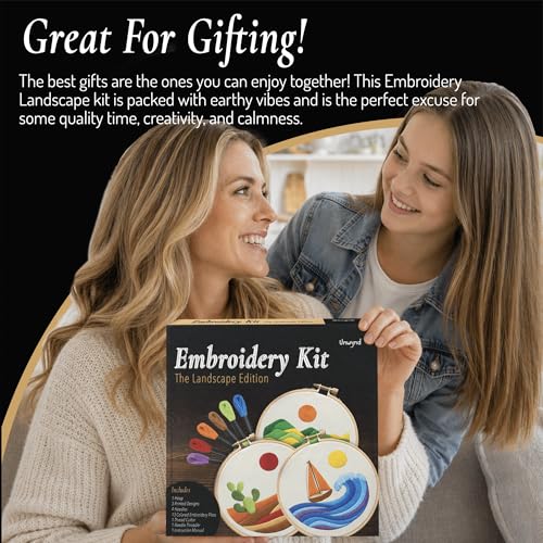 Image of Unwynd Embroidery Kit Landscape Theme for Beginners, Cross Stitch Hand Embroidery Kit for Adults, Easy DIY Crafts, Starter Set with Flower Pattern (Pack of 3 - Landscape Edition)
