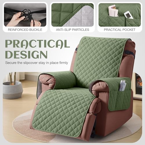 Image of KinCam 100% Waterproof Recliner Chair Cover, Reclining Couch Covers for Pets, Dogs, Recliner Couch Slipcover Furniture Protector with Elastic Straps for Kids(30 inch, Cactus Green)