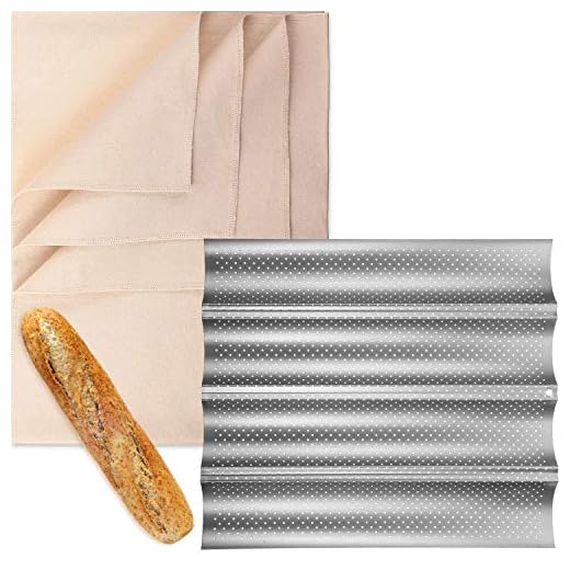 Bread Baking Kit, Nonstick Perforated Baguette Pan and Bakes Dough Couche, French Bread Loaf Bake Mold Oven Toaster Pan, Large Cotton Pastry Proofing Cloth for Baking Bread Use (L, Silver)