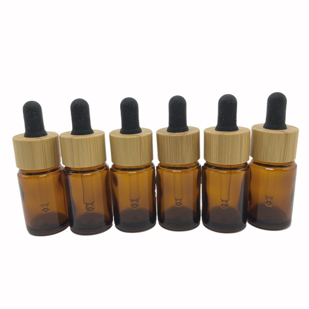 BEECO GIF2U Brown Glass Dropper Bottles 15ml/0.5 oz 6 PACK,Essential Oil Bottles With Eye Dropper And Bamboo Lids Perfume Sample Vials Essence Liquid Cosmetic Containers