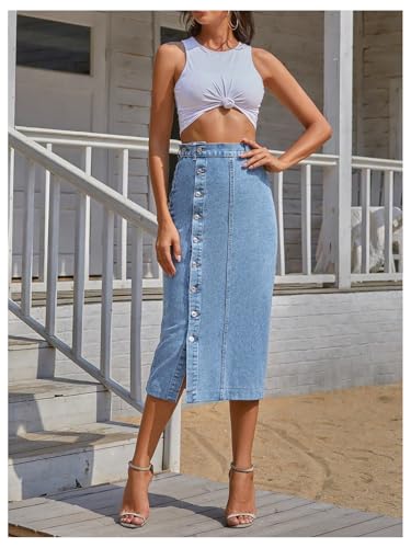 WDIRARA Women's Asymmetrical Denim Midi Skirt Button Down High Waisted Jean Skirt3