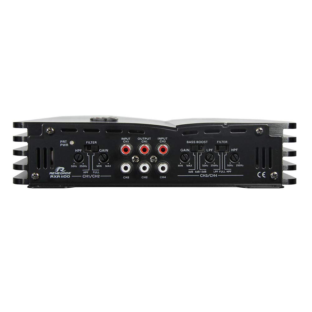 1 amplificador RENEGADE RXA1100 RXA 1100 4 canales clase a/b 4 x 135 vatios rms 4 x 275 vatios max bass boost spl coche negro, 1 pieza