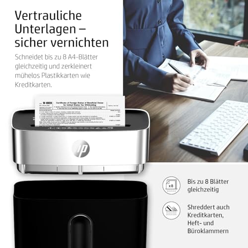 HP OneShred 8CC Black, Aktenvernichter, Sicherheitsstufe P-4, Cross Cut, 8 Blatt, 2826, schwarz/Silber, Partikelschnitt