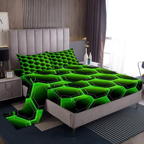 Geometric Hexagon Twin Sheet Set for Girls,Neon Green Honeycomb Sheets Hexagonal Geometry Beehive Bed Sheets Set,Black Simplistic Geometrical Abstract Room Decor