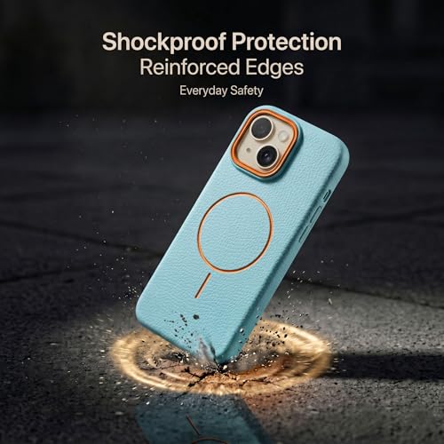Image of amazon basics Luxury MagSafe Compatible Leather Texture Back Cover for iPhone 13 | Raised Camera Protection | Slim Fit Shockproof Case with Metallic Accents (Light Blue)