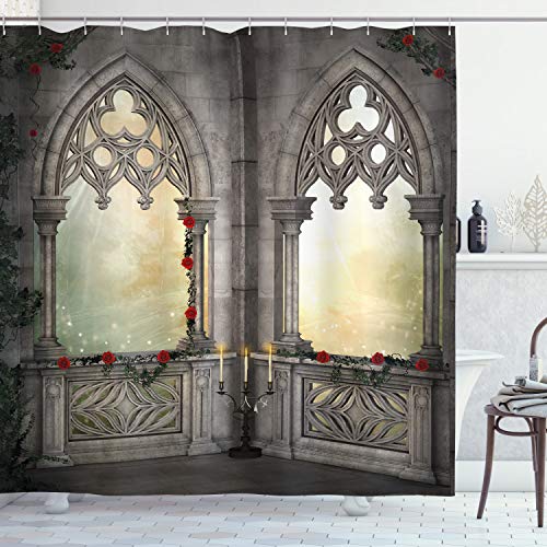 ABAKUHAUS Gothic Shower Curtain, Vintage Style Ottoman Palace Balcony for Sultans Red Rose Flowers Ivy Terrace Image