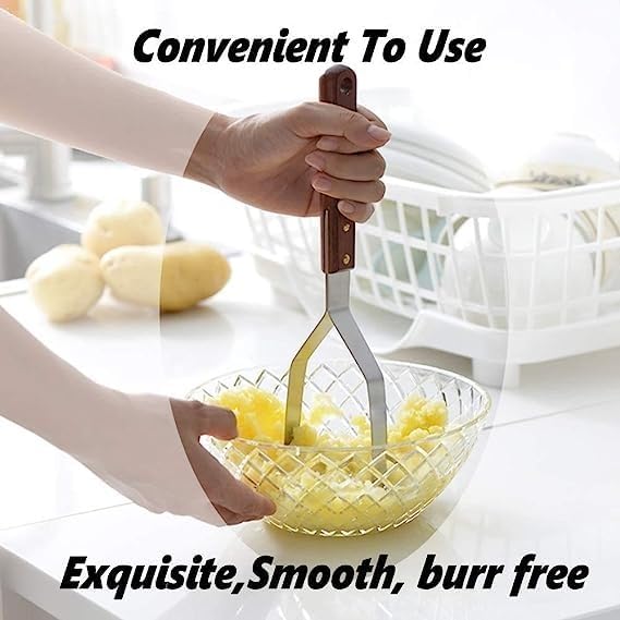 Miniatura 4 de Triturador de papas, utensilio de cocina vintage de acero inoxidable, redondo, triturador de papas, mango de madera, herramienta para papas,