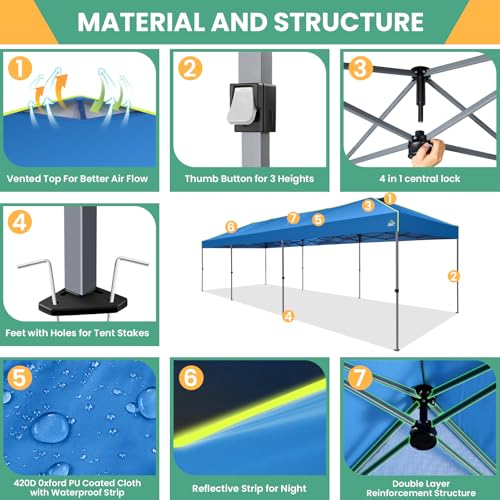 Image of COBIZI 10x30 Pop Up Canopy, Wedding Party Tent Without Sidewall One Push Setup Glow, 3 Adjustable Height Air Vent Waterproof UPF50+, Wheeled Bag, 4 Sandbag, 8 Stake, Ropes for Commercial, Outdoor