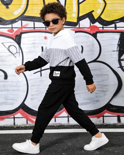 Image of 5-11Y Boys Clothes Long Sleeve Hooded Pullover Colorblock Sweatshirt + Pants 2pcs Fall Winter Outfit Set