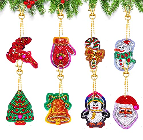 Lot de 8 porte-clés de peinture diamant de Noël 5D DIY porte-clés de peinture porte-clés cadeau pour l'artisanat de Noël Cover