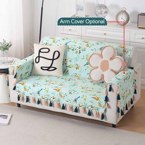 Image of HOKIPO Sofa Cover with Tassel for 2 Seater Sofa | Full Protection for Seat and Back | Printed Holland Velvet Fabric | 'Whispers of Nature' (160x120 cm), Mint Birdsong Blossom (IN-1126-D3)