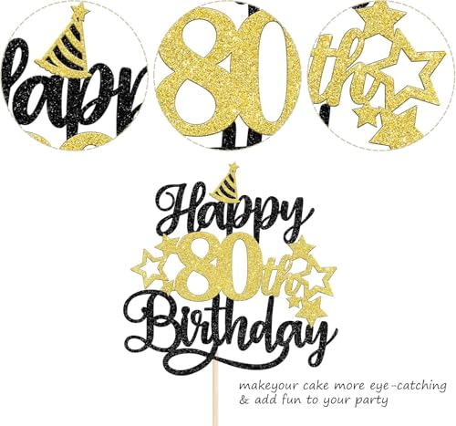 Image of Confetti! Glittering 80th Birthday Cake Topper with Star Hat - Cheers to 80 Years! Fabulous Cake Decorations for Elders 80th Birthday & Anniversary Party Supply