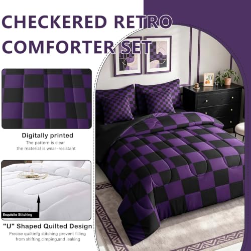 Image of Feelyou Checkered Queen Comforter Set with Sheets for Kids Boys Girls Purple Black Plaid 7 Pieces Bedding Set Cute Retro Neutral Checkerboard Geometric Bed in a Bag Vintage Aesthetic Room Decor Soft