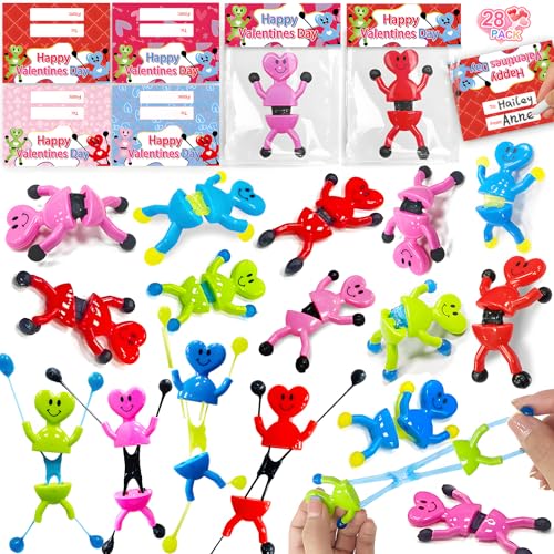 AMENON 28 Pack Valentines Gifts for Kids Prefilled Heart Shape Sticky Toys Wall Climbing Men with Cards Classroom School Exchange Valentines Party Favor Boys Girls Prizes Goodie Bags
