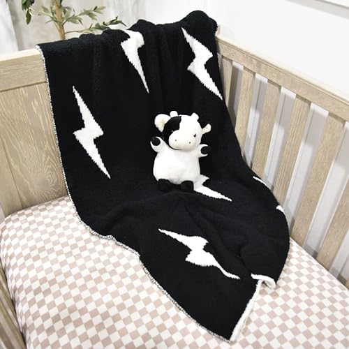 Image of L+L USA Lightning Bolt Baby Blanket 28 inchx40 inch - DreamSoft Knit Throw for Crib, Stroller or Car Seat - Soft Blanket /Newborn Nursery Gift Essential for Toddler, Infant, Kids, Boys & Girls (Black /White)