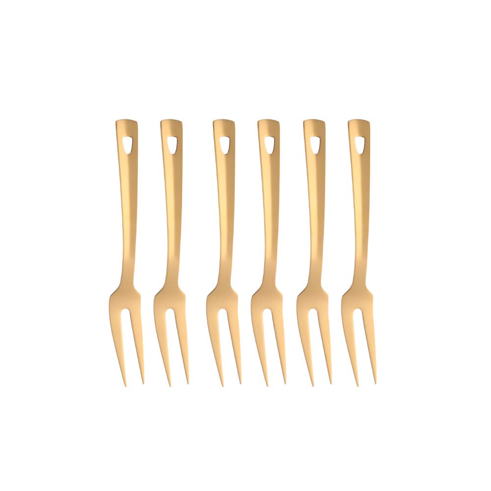 6 Pcs 9.6 in Gold Meat Forks for Kitchen, Stainless Steel Titanium Plated Dinner Fork, Ergonomic Integral Forming Mirror Polish-Dishwasher Safe
